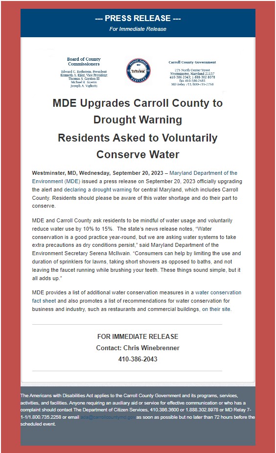 MDE Upgrades Carroll County to Drought Warning